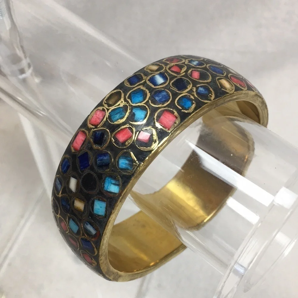 Wide brass shell inlaid bangle Bracelet